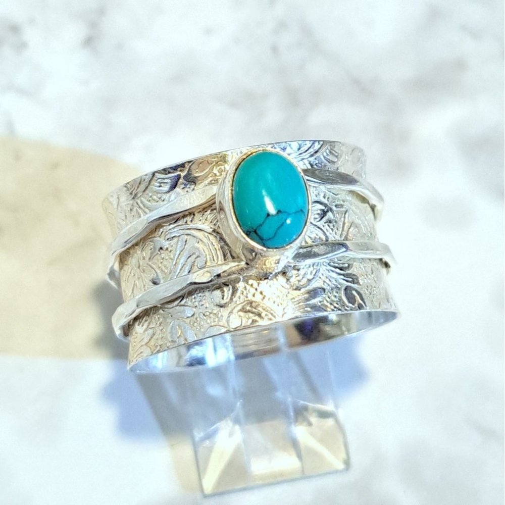 Natural Turquoise Steering Silver Meditation Fidget Spinner Ring - Picture 2 of 13